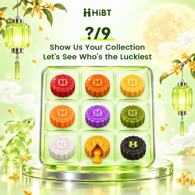 A promotional image for HHiBT featuring a 3x3 grid of colorful mooncakes (red, orange, yellow, green, purple, white, and black) on a green background. The text reads '?/9 Show Us Your Collection Let's See Who's the Luckiest' with lanterns and a glass rabbit decoration.