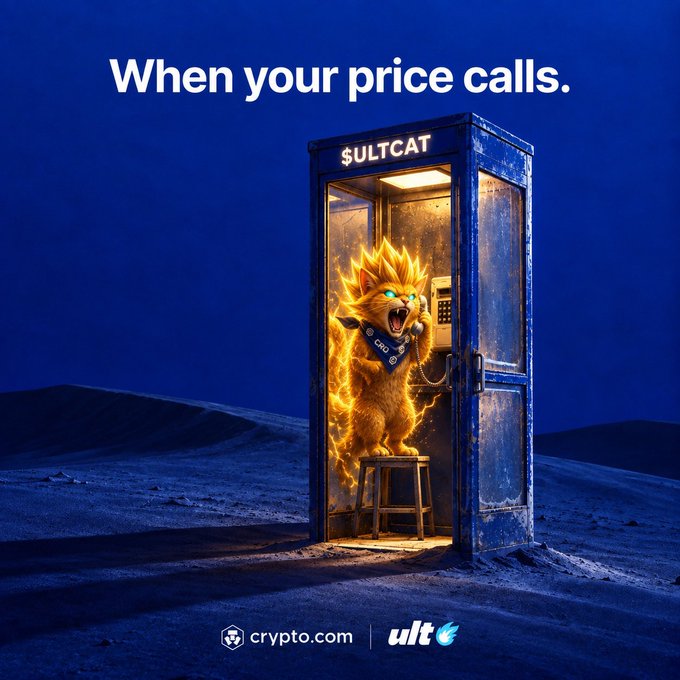 A Crypto.com advertisement featuring a glowing yellow cat standing in a phone booth with the text "When your price calls." and branding for crypto.com and "ult" with $ULTCAT.