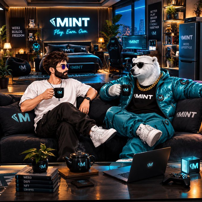 An AI-generated illustration of a man with sunglasses and a bear in a shiny blue tracksuit, both holding 'MINT' branded mugs, sitting in a room branded with 'MINT Play. Earn. Own.' and 'WEB3 BUILDS FREEDOM'.