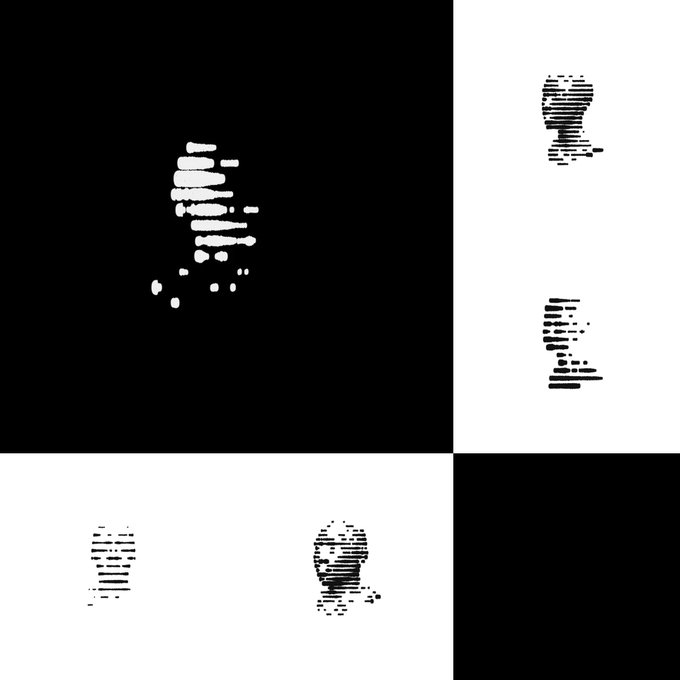 Abstract glitch-art figures rendered in black and white horizontal line patterns across a four-quadrant layout.
