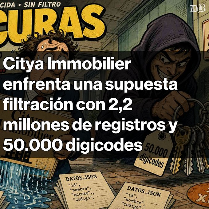 An illustrated graphic with the headline 'CIDA • SIN FILTRO CURAS' shows a hooded thief stealing keys labeled '50.000 digicodes' alongside data files, with overlaid text reading 'Citya Immobilier enfrenta una supuesta filtración con 2,2 millones de registros y 50.000 digicodes'.