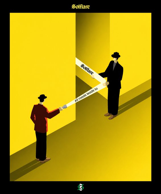 A Solflare branded illustration in yellow showing two silhouetted figures in suits and hats at a doorway, with text 'Solflare' and 'All roads lead to Solflare' on a connecting bridge element.