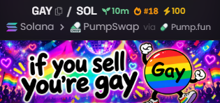 A meme token chart labeled 'GAY' on the Solana network, showing a price of $0.10m and stating 'if you sell you're gay' on a colorful rainbow background.