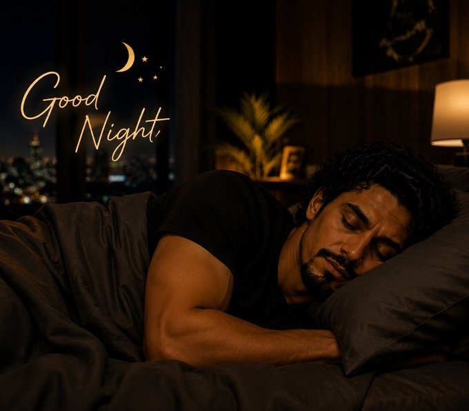 A man peacefully sleeps on a bed in a dimly lit room, with a glowing "Good Night" sign featuring a crescent moon and stars beside him. The image complements the caption's theme of restful sleep following a productive day.