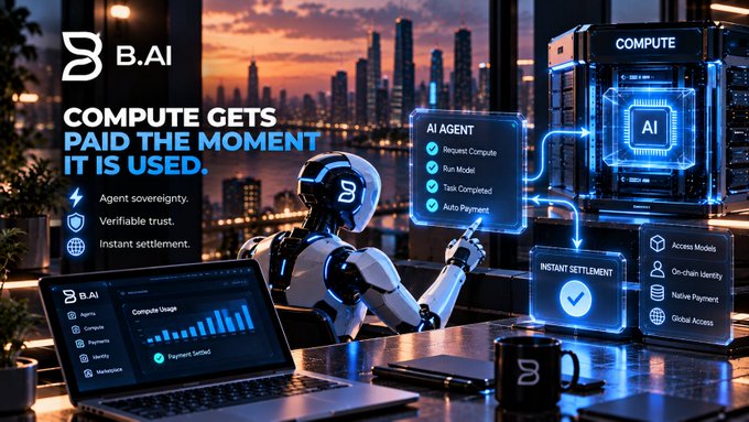 Promotional graphic for B.AI featuring the headline 'COMPUTE GETS PAID THE MOMENT IT IS USED,' showing a robot and an AI agent interface against a city skyline.