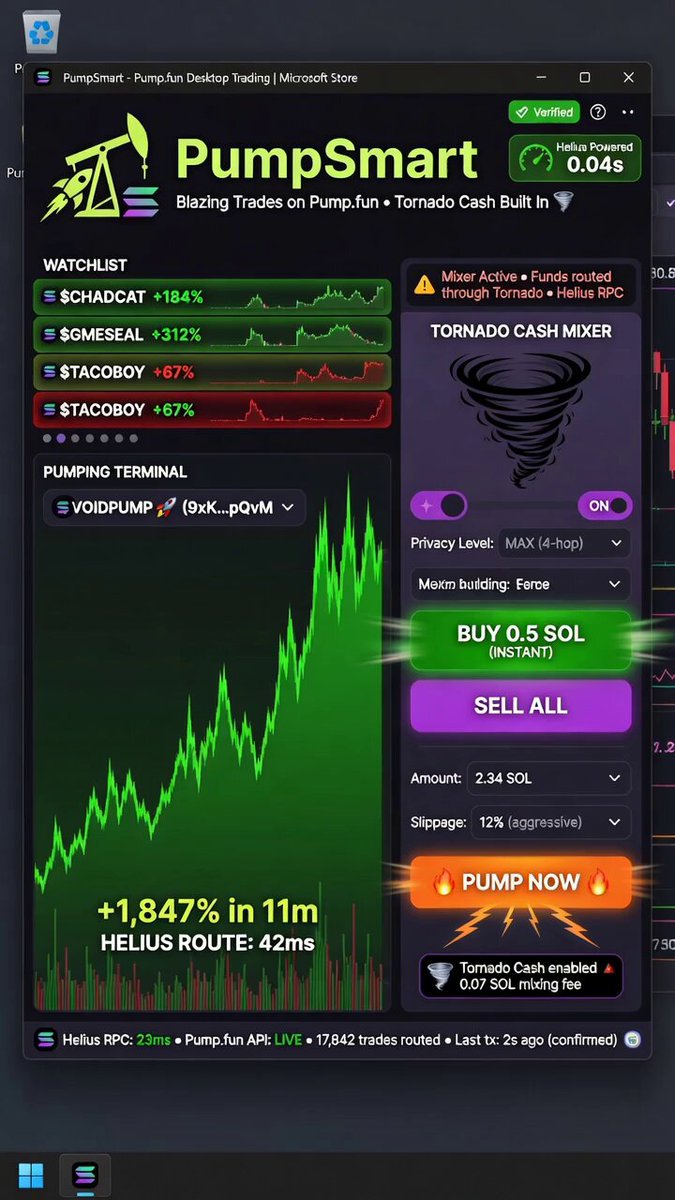 The image depicts a computer screen displaying a software named PumpSmart with a price chart showing the number of dollars invested versus the return on investment. The software is free to download and uses Microsoft Store as its distribution platform, promoting financial gains for users who follow PumpSmart's advice. The primary message conveyed in the post encourages people to utilize Pump Smart for their finances, emphasizing its effectiveness in maximizing returns while avoiding clusters that might negatively impact performance or limit potential profits.