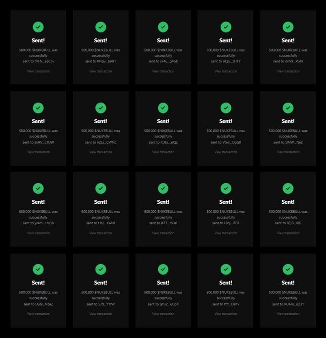 A grid of twenty dark notification panels, each with a green checkmark, displays the message '$500,000 $NUKEBULL was successfully sent' to various wallet addresses.