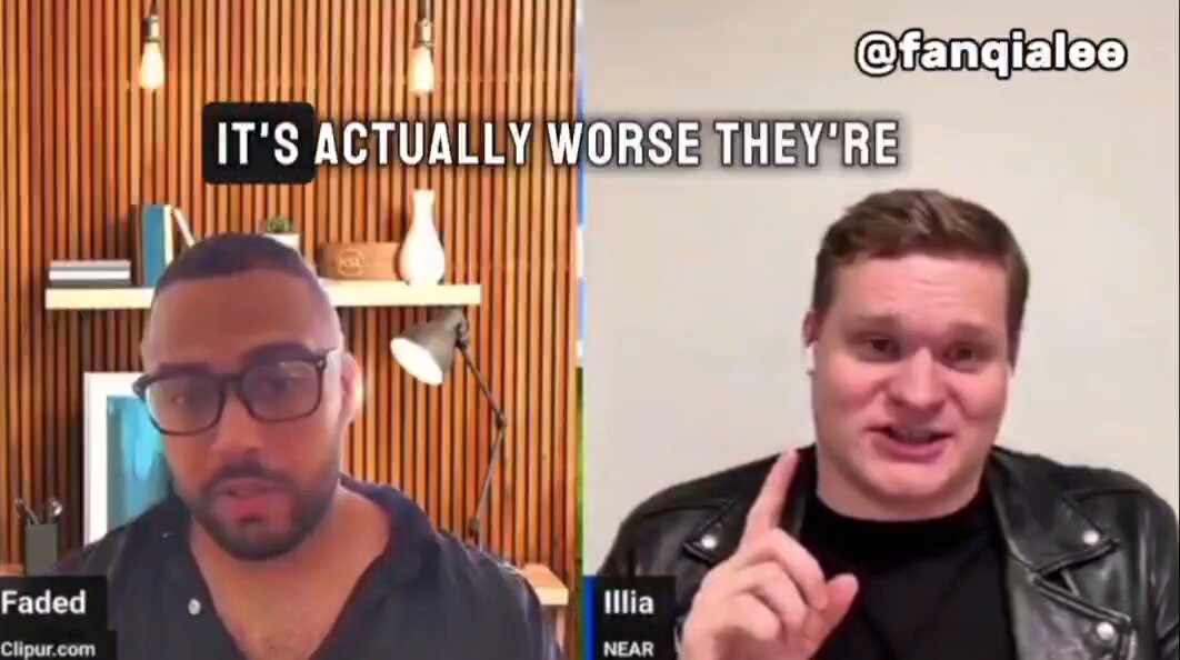 The image shows a conversation between two men, one wearing glasses and the other wearing a leather jacket. They are discussing an issue related to API keys and security. The man in the glasses is explaining that their API keys are being exposed by popular AI tools, which can potentially lead to strangers accessing sensitive information about their business. He suggests using @NEARProtocol to fix this vulnerability.