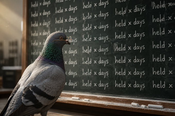 A pigeon stands before a chalkboard repeatedly displaying "held x days," visually reinforcing the airdrop's simple rule: the longer you hold, the bigger your daily multiplier (day 2 = 2x, day 30 = 30x).