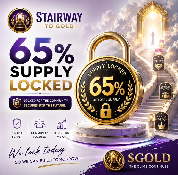 Promotional poster for 'STAIRWAY TO GOLD' featuring a golden padlock graphic, advertising '65% SUPPLY LOCKED' with various trust badges and a heavenly staircase background.