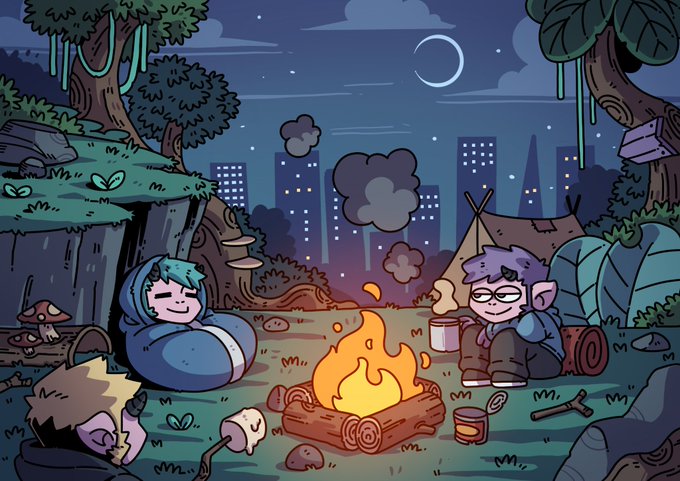 Three cozy cartoon characters sit around a campfire roasting marshmallows beneath a crescent moon, with a distant city skyline and a teepee visible behind them, capturing the wholesome, adventurous spirit of the GoatsOfSolana $GOATS community gathering.