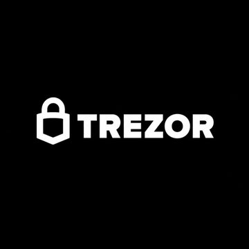 Black background displaying the white "TREZOR" logo alongside a padlock icon, representing the cryptocurrency hardware wallet brand.