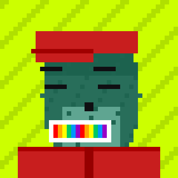 A pixel art illustration of a green zombie-like character wearing a red cap, holding a small rainbow-colored object, set against a diagonally striped green background.