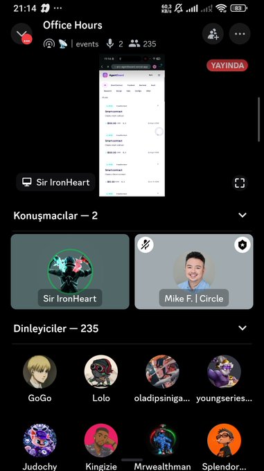 A mobile screenshot of an 'Office Hours' voice chat interface (appears to be in Turkish), showing speakers 'Sir IronHeart' and 'Mike F. | Circle' with 235 listeners.