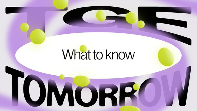 A vibrant graphic with the bold text "TOMORROW" framing a central white oval that reads "What to know," accented by scattered yellow-green spheres on a purple background—visually promoting the upcoming launch and key information about $QUID.
