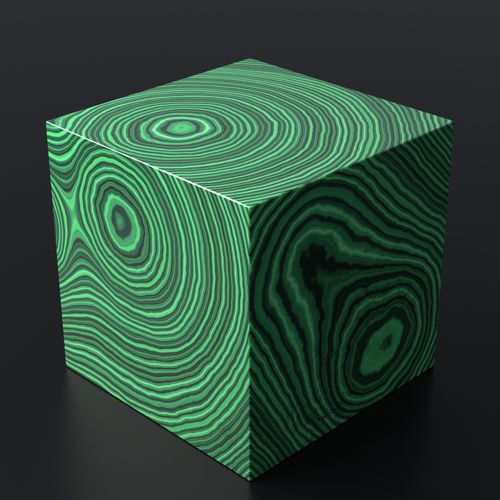 A 3D rendering of a cube with a swirling, hypnotic green and black malachite-like pattern set against a dark background.