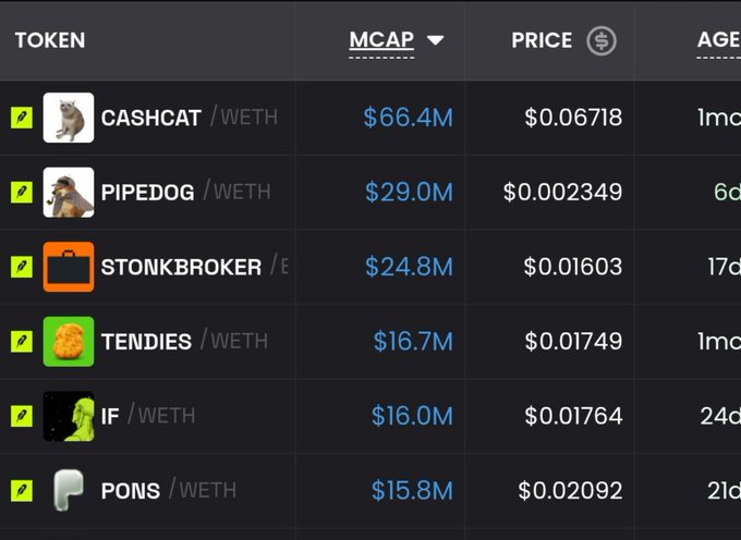 A screenshot of a meme token leaderboard displays tokens like CASHCAT ($66.4M market cap), PIPEDOG ($29.0M), STONKBROKER ($24.8M), TENDIES ($16.7M), IF ($16.0M), and PONS ($15.8M), all paired with WETH, supporting the post's discussion of the Robinhood Chain ecosystem thriving on meme-driven user engagement.