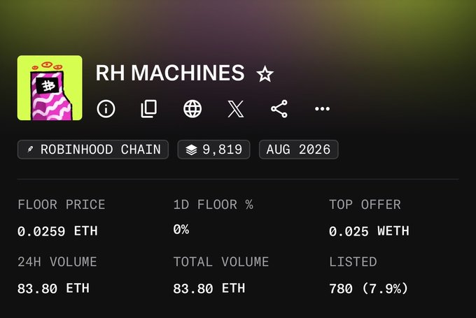 The image shows a marketplace listing for the "RH MACHINES" NFT collection on the Robinhood Chain, featuring 9,819 items with a floor price of 0.0259 ETH, a top offer of 0.025 WETH, and 780 listed (7.9%) at an August 2026 mint date. The listing details align with the post promoting the free mint (3 per wallet) and confirming the 0.0259 ETH floor price mentioned by the author.
