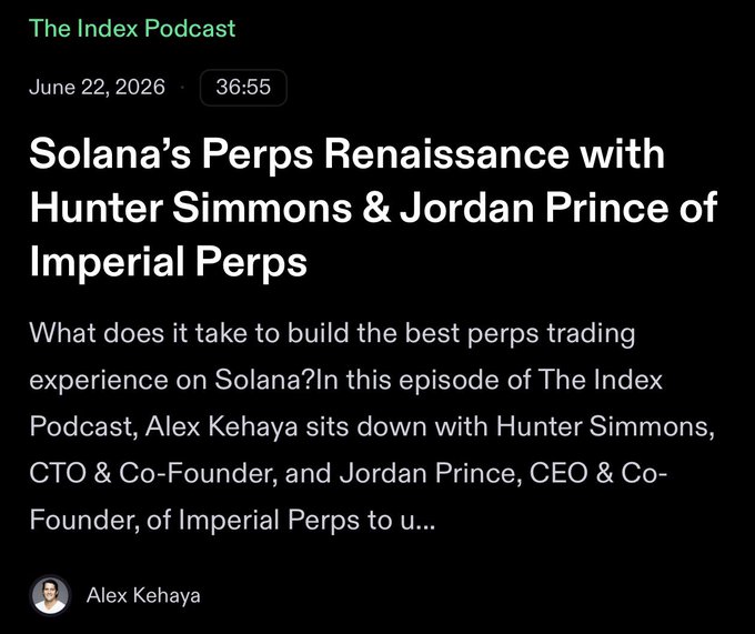A podcast episode listing from The Index Podcast dated June 22, 2026, titled 'Solana's Perps Renaissance with Hunter Simmons & Jordan Prince of Imperial Perps', hosted by Alex Kehaya, discussing building the best perps trading experience on Solana.
