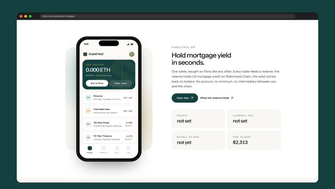 A website mockup titled 'Hold mortgage yield in seconds' for StableYield.app, showing a phone interface displaying 0.000 ETH and reserve information including a PnL of 82,313.