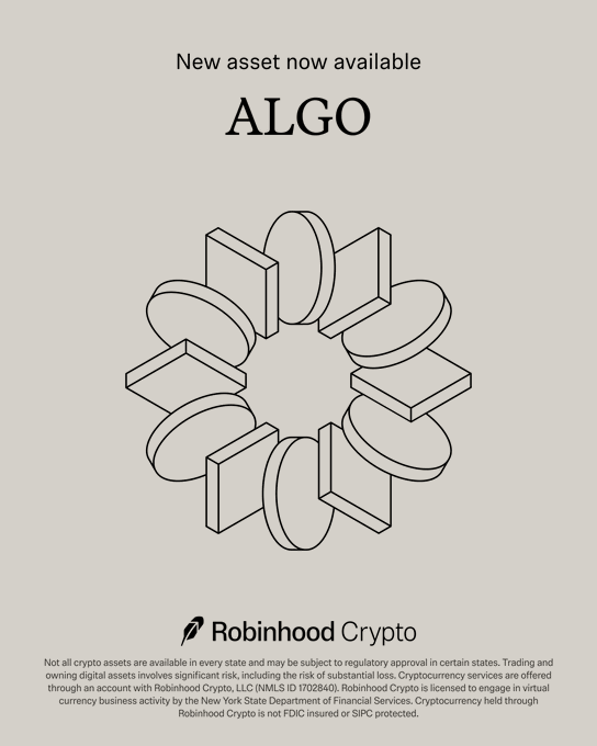 The image features a poster for Robinhood Crypto that includes an illustration of a circle made up of various shapes, with the text "ALGO" written around the center. The poster also contains information about the new asset being offered by Robinhood, stating that it is now available and can be accessed through the Robinhood Crypto platform.