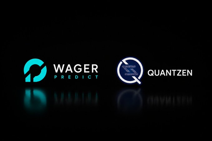 Black background displaying logos for 'Wager Predict' and 'Quantzen' in white and teal text.