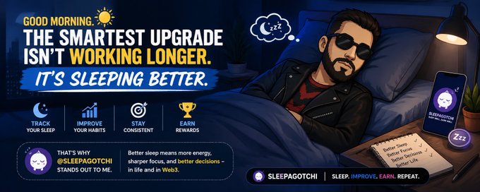 A promotional graphic for Sleepagotchi featuring a stylized cartoon man wearing sunglasses sleeping in bed with a phone displaying the app, alongside the text "GOOD MORNING. THE SMARTEST UPGRADE ISN'T WORKING LONGER. IT'S SLEEPING BETTER," with icons highlighting features like sleep tracking, habit improvement, consistency, and earning rewards. The image directly illustrates the post's message about Sleepagotchi transforming sleep into a trackable, rewarding habit that underpins productivity.