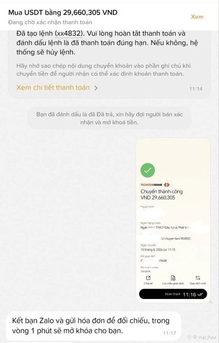 Vietnamese Techcombank transaction screenshot showing a successful transfer of 29,660,305 VND for USDT purchase, with contact instruction at the bottom.