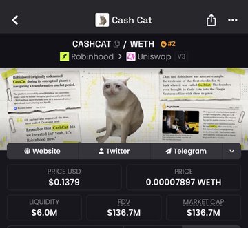 A screenshot of the Cash Cat (CASHCAT) crypto token page on a tracking app shows a price of $0.1379, a market cap of $136.7M, and $6.0M liquidity, with a central image of a white cat beside crypto news about Coinbase and Robinhood listings. The image relates to the post by highlighting Cash Cat's current valuation as a comparison point against CatWIF in the race to reach a $1 billion market cap.