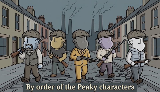 A cartoon-style illustration depicting five figures dressed in 1920s Peaky Blinders attire (caps and vests) holding rifles in an industrial street, captioned "By order of the Peakly characters".