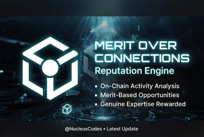 The image features a futuristic digital design with a hexagonal logo, displaying the text "MERIT OVER CONNECTIONS - Reputation Engine" alongside bullet points highlighting "On-Chain Activity Analysis," "Merit-Based Opportunities," and "Genuine Expertise Rewarded," credited to @NucleusCodes. It visually reinforces the post's message by symbolizing a shift away from superficial social validation toward a merit-based reputation system in Web3.