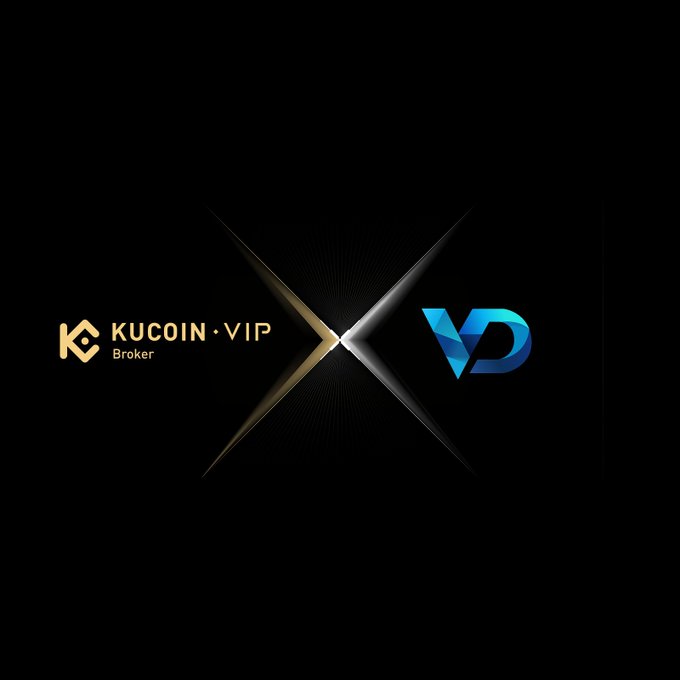 A graphic showing the 'KUCOIN·VIP Broker' logo on the left and a blue 'VD' logo on the right against a black background.