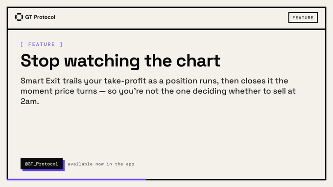A GT Protocol promotional graphic featuring the headline "Stop watching the chart" with a feature description of their Smart Exit tool that automates trailing take-profit orders, tagged "@GT_Protocol available now in the app."