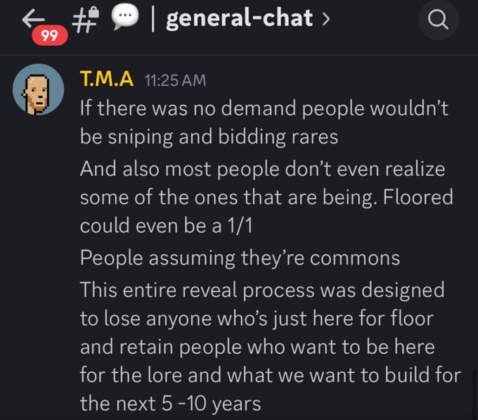 A Discord chat message from user 'T.M.A' in a 'general-chat' channel discussing floor prices and community building for the next 5-10 years.