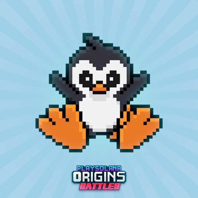 A pixel-art penguin character is displayed against a blue sunburst background, with "PLAYSOLANA ORIGINS BATTLES" text below. The post "Ready to climb the rankings? Soon.." suggests an upcoming leaderboard or competitive feature within the PlaysOrigins Battles game.