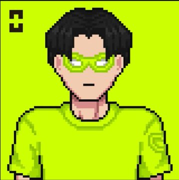 A pixel art portrait of a person with short black hair and a green mask wearing a green shirt against a bright green background.