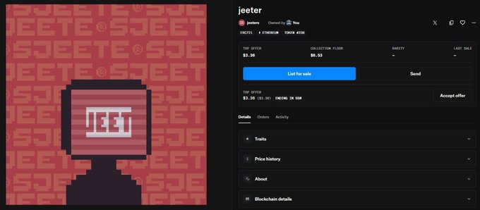 A screenshot showing a digital collectible called 'jeeter' (token JEETER on Etherium and Solana) with a top offer of $3.36 and a collection floor of $0.83.