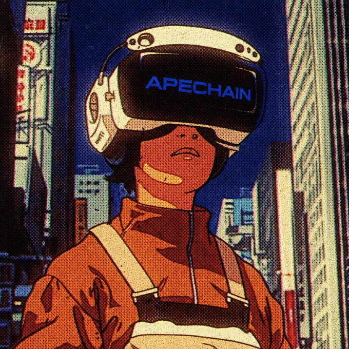 A stylized, vintage-textured illustration of a person wearing a VR headset displaying 'APECHAIN' in blue text, set against a dark cityscape.