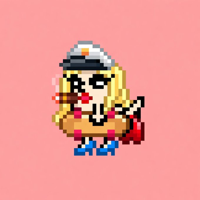 A pixel art character of a blonde woman wearing a police cap, riding a large phallic-shaped object, with a censor bar over her mouth, set against a pink background. The playful pixel art illustration matches the irreverent "#cryptodickslutt" theme of the post.