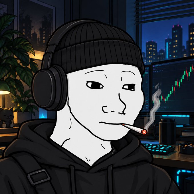 A Wojak meme character wearing a beanie and headphones smokes a cigarette in front of a monitor displaying green bullish candlestick charts, set against a nighttime city skyline—portraying a focused trader awaiting the 9 PM UTC "Tradoor" mint on Robinhood/Opensea.