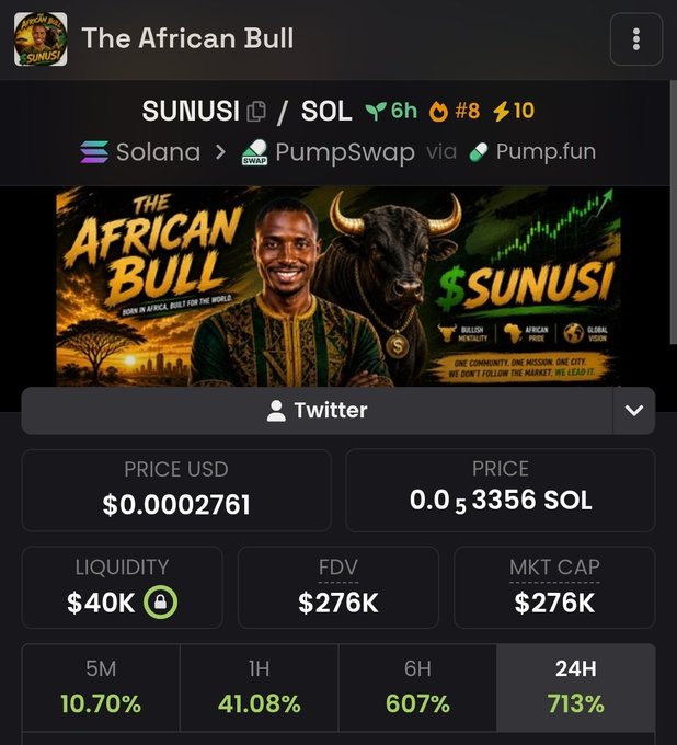A screenshot of the SUNUSI token ("The African Bull") on PumpSwap via Pump.fun shows a 24H price gain of 713% and an FDV of $276K, reflecting the new all-time high mentioned in the post.
