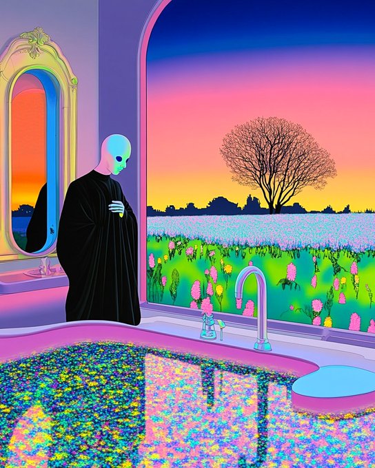A surreal digital illustration showing a bald humanoid figure in a black robe standing in a bathroom, looking out a window at a vibrant field of flowers and a sunset sky with a tree silhouette.