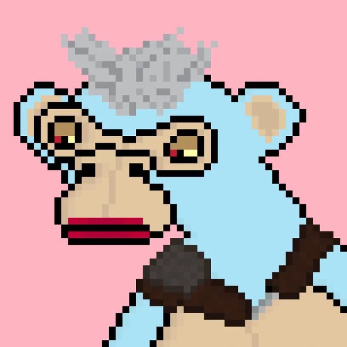 A pixel art portrait of a blue-skinned character with grey hair and red eyes against a pink background.