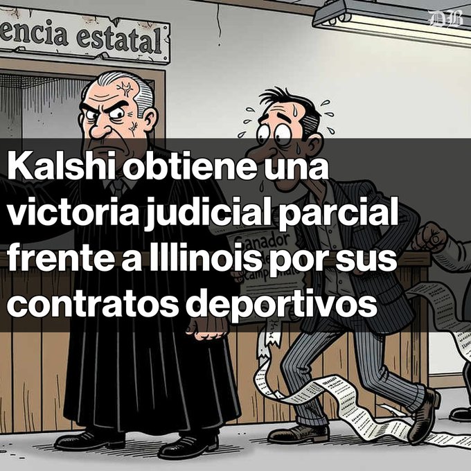 A cartoon-style illustration shows a stern judge in black robes standing outside a building labeled "encia estatal" alongside a nervous, sweating man in a pinstripe suit holding a long, unfurling contract, with overlaid Spanish text reading "Kalshi obtiene una victoria judicial parcial frente a Illinois por sus contratos deportivos."

The image visually reinforces the post's message by depicting a courtroom confrontation between judicial authority and a flustered party entangled in contracts, symbolizing Kalshi's partial legal win in Illinois where the judge sided with them on certain contract classifications while licensing fees still apply.