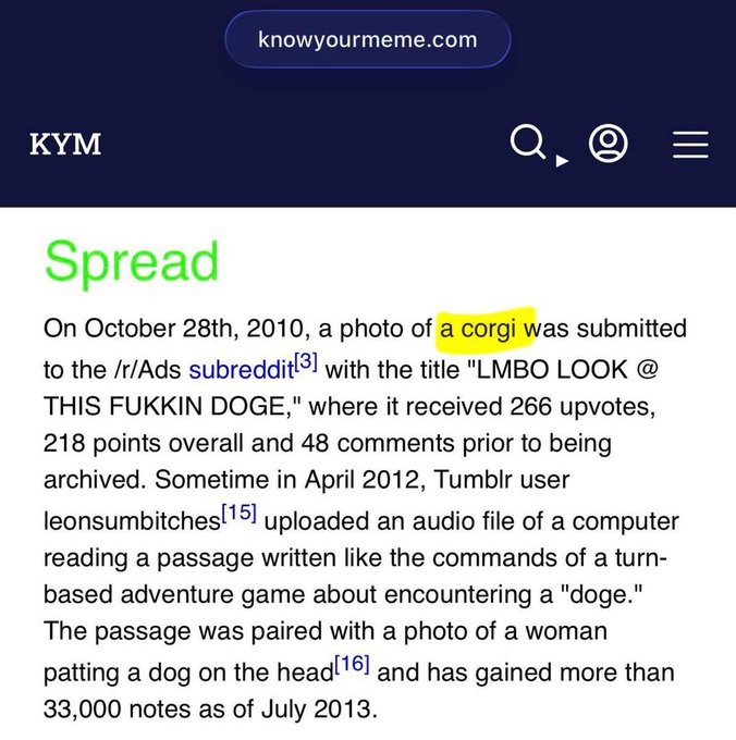 The image shows a Know Your Meme webpage entry titled "Spread," with "a corgi" highlighted in yellow, detailing the 2010 origin of the doge meme on Reddit. The accompanying post references $CORGI as a token claiming ties to the original doge meme's legacy, positioning it as predating $DOGE and $SHIBA, and encouraging accumulation at low market caps to "bring back DOG season."