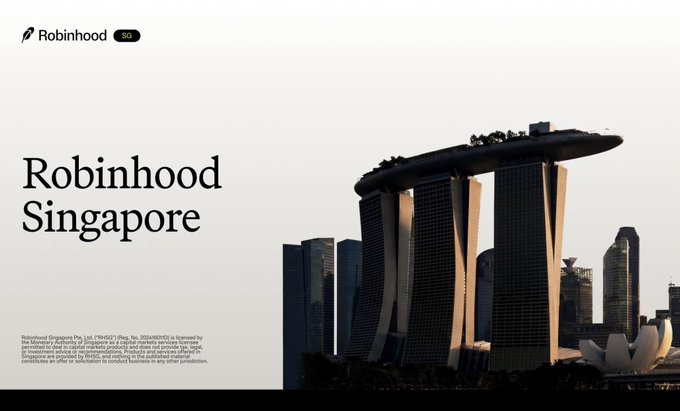Promotional banner featuring the text "Robinhood Singapore" alongside the iconic Marina Bay Sands skyline, with a disclaimer noting Robinhood Singapore Pte. Ltd. is licensed by the Monetary Authority of Singapore. The image visually reinforces the news that Robinhood ($HOOD) has obtained its Capital Markets Services license in Singapore and plans to launch in the market.