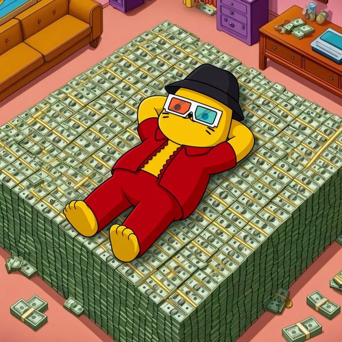 An illustration of a yellow character wearing red pajamas, 3D glasses, and a black beanie, lounging on a massive pile of cash stacks in a cartoon room.