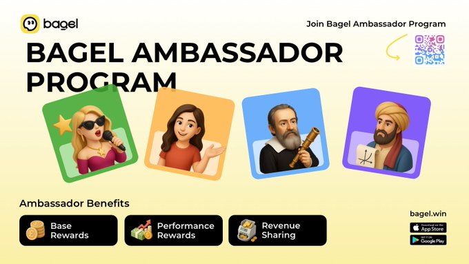 A promotional graphic for the 'BAGEL AMBASSADOR PROGRAM' by Bagel, featuring cartoon characters and ambassador benefits including Base Rewards, Performance Rewards, and Revenue Sharing, available on bagel.win.