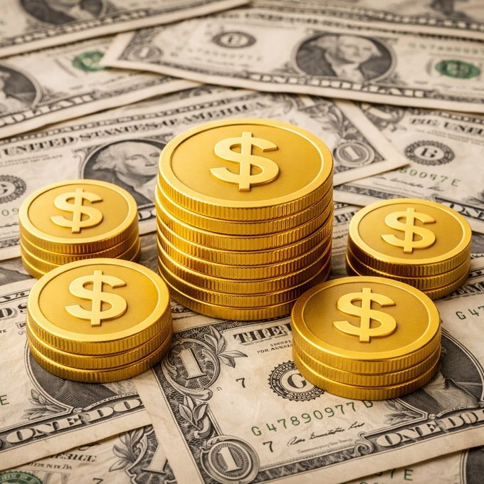 Gold coins stamped with dollar signs sit stacked atop scattered one-dollar bills, visually reinforcing the article's theme of dollar-backed stablecoins and their impact on local currencies.
