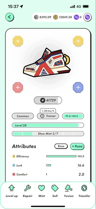 The image shows a phone screen displaying an app called "Stepn P" with a pair of shoes as its main feature. The app has two levels, one for training and another for testing. It also includes various attributes such as comfort, speed, and ease of use. The background color is green, which contrasts nicely with the white text on the screen.